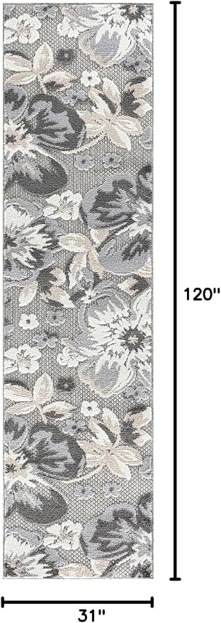 Rugshop Bergamo Contemporary Floral Non-Shedding Easy Cleaning Patio Deck Backyard Indoor/Outdoor Runner Rug 2' 7" X 10' Gray