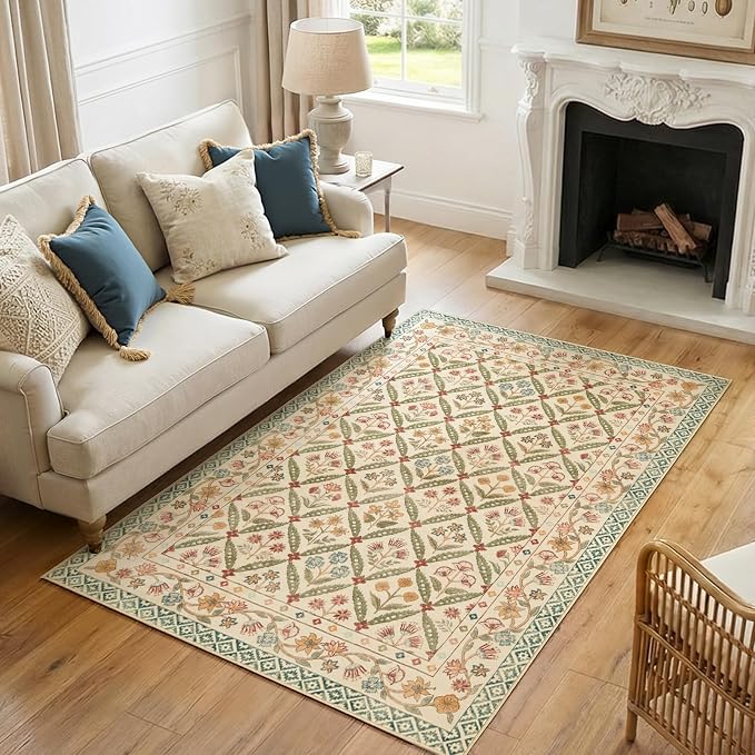 jinchan 4x6 Vintage Floral Washable Non Slip Bedroom Area Rug, Teal Blue | Soft & Lightweight, Checkered Floral, Low Pile, Bedroom, Kitchen, Girls Dorm, Apartment, Small Living Room, Cottage Decor