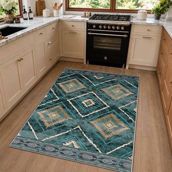 3'x5' Washable Area Rug for Living Room Bedroom Teal/Green | Soft Western No Slip Low Pile Print Foldable Indoor for Kitchen Dining Room