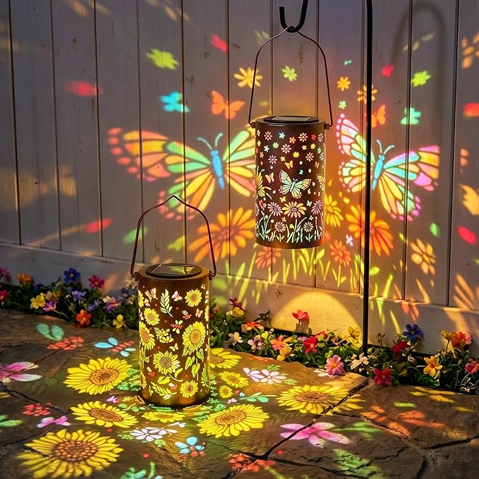 Garden Decor - [2 Pack] Colorful Hanging Solar Lanterns Outdoor Waterproof, Sunflower + Butterfly Solar Lantern for Courtyard Patio Table Step Front Porch Decor, Gifts for Mom Wife Grandma Friends