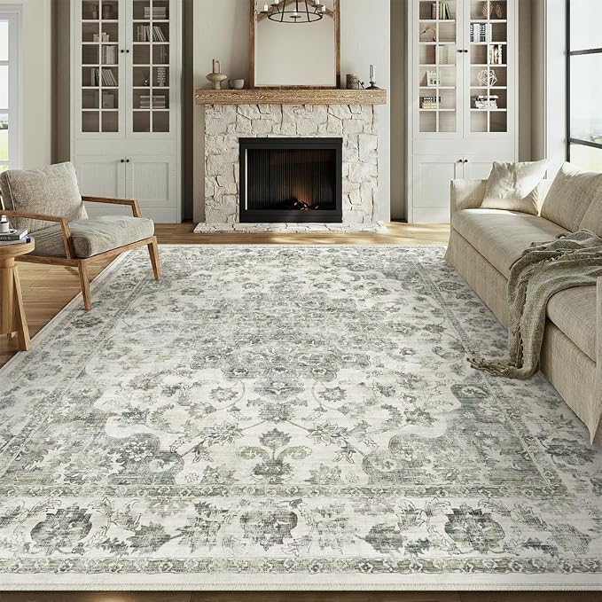 10x12Green Neutral Area Rug | Washable, Non Slip, Soft Low Pile, Vintage Farmhouse, Large, for Living Room Bedroom Dining Room Office Indoor Home Decor