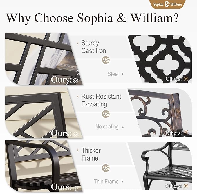 Sophia & William Outdoor Metal Bench Patio Garden Bench, Cast Iron Park Benches for Outside with Minimalist Backrest, Black
