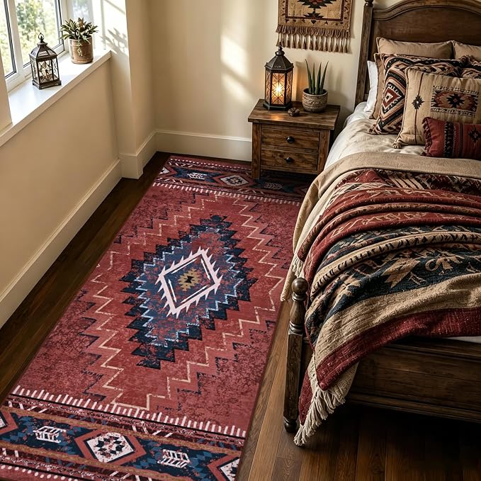Yinhua 2x8 Runner Rug Non Slip, Western Washable Runner Rugs for Kitchen | Rust Aztec Long Hallyway Runners Rug Low-Pile, Soft Fall Carpet for Bedside Bathroom Entryway