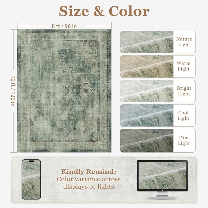 8x10 Muted Green Medallion Rugs for Living Room, Vintage Distressed Transitional Washable Large Rug for Bedroom Under Bed, Low Pile Thin Soft Carpet Rugs for Dining Room Office Modern Farmhouse