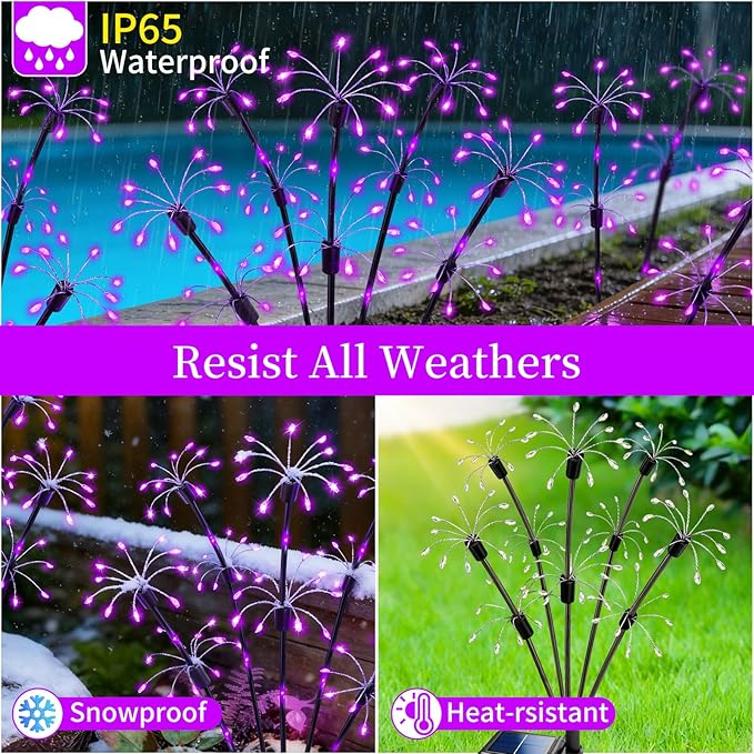 Solar Garden Lights Outdoor, 8 Pack 2-Layer Purple Solar Firework Lights, Waterproof Starburst Fairy Light Garden Decor for Yard Patio Pathway Lawn, Unique Gifts for Women Mom Grandma Mother's Day
