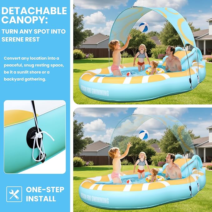 Inflatable Toddler Pool with Slide & Canopy, Backyard Kiddie Pool for Kids | Large Size 126"*72"*52", Thickened Durable, Soft Buffer Pad