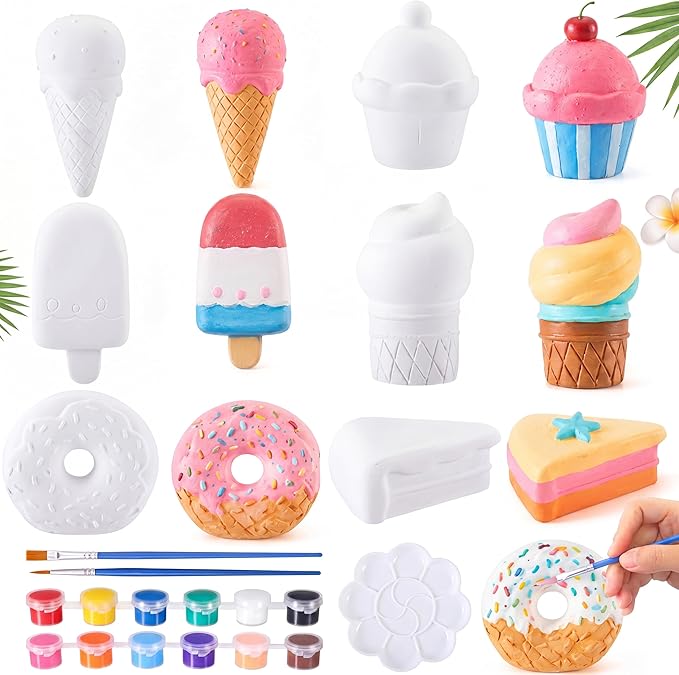 Acellegic 6 Pcs Ceramics Dessert to Paint Ready to Paint Your Own Sweet Treats Statue DIY White Ceramic Sweet Craft for Yard Decor Summer Spring Painting Art