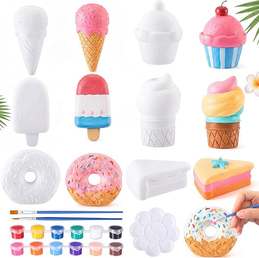 Acellegic 6 Pcs Ceramics Dessert to Paint Ready to Paint Your Own Sweet Treats Statue DIY White Ceramic Sweet Craft for Yard Decor Summer Spring Painting Art