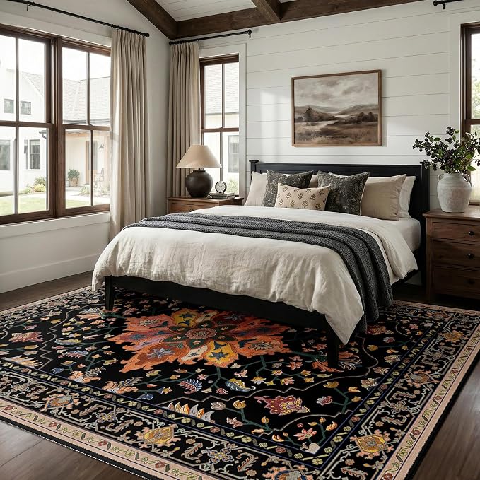 RELEANY Washable Area Rug, 7'x10', Black/Colorful | Non-Slip, Water Repellent, Pet Friendly, Easy to Clean, Vintage Floral Boho Decor for Living Room Bedroom Dining Room Office