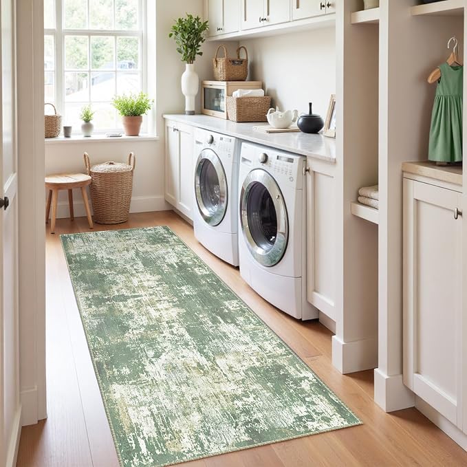 RELEANY Washable Runner 2'x6' Abstract Area Rug for Hallway Light Green | Carpet for Kitchen, Entryway, Bathroom, Living Room, Bedroom, Printed Pattern, Non‑Slip, Soft, Stain‑Resistant, Easy to Clean