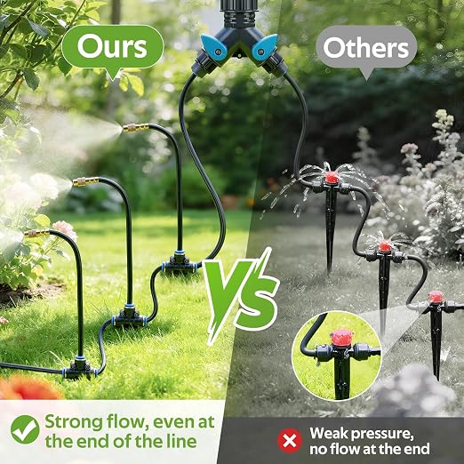 HIRALIY 33FT Garden Watering System with 5 360° Adjustable Copper Mist Nozzles, Quick-Connect Drip Irrigation Kit for Patio Pots, Small Greenhouses and Flower Beds