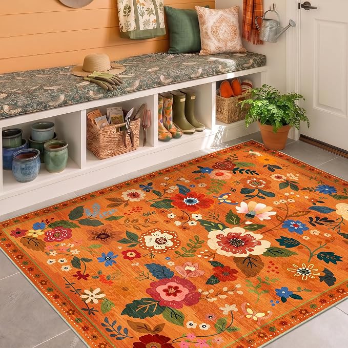 RELEANY Floral Washable 3x5 Area Rugs BurntOrange | Flower Carpet, Print, Boho, Non-Slip, Easy to Clean, Soft, Low Pile for Living Room Bedroom Kitchen Office Entryway Hallway