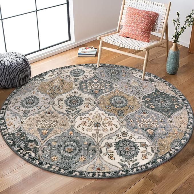 Lahome Moroccan Washable Round Rugs, Soft Vintage Round Rug 4ft | Distress Circle Carpet for Entryway Bathroom Bedroom Non Slip Low Pile Stain Resistant Accent Rug Elise, Grey