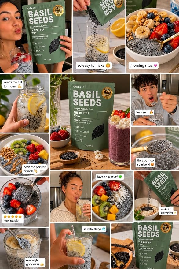 Basilia Basil Seeds for Eating | The Original Loaded Water | 2x More Fiber than Chia | Nutrition-Packed Edible Basil Seeds Superfood for Breakfast, Smoothies & Drinks | Keto Friendly & Gluten Free | 1lb Bag