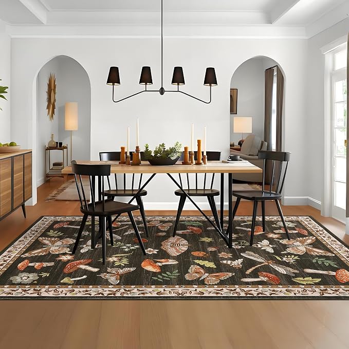 Mushroom Washable Area Rug 6x9 Rugs for Living Room Soft Low-Pile Stain Resistant Thin Carpet for Bedroom Dining Nursery Non Slip Mat with Rubber Brown