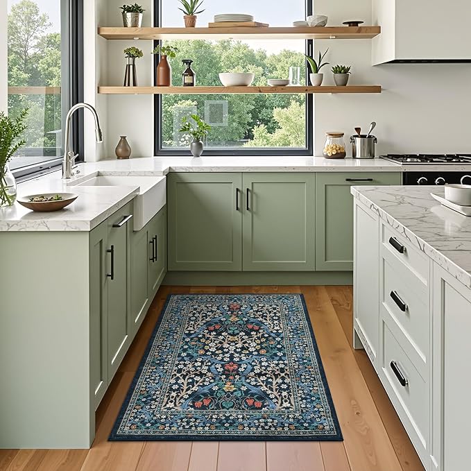 GarveeHome Blue Floral 2x3 Washable Rug Small Door Mat | Vintage Stain Resistant Rugs for Entryway Hallway Bedroom Bathroom Low-Pile Non-Slip Soft Botanical Boho Rug TPE Backing