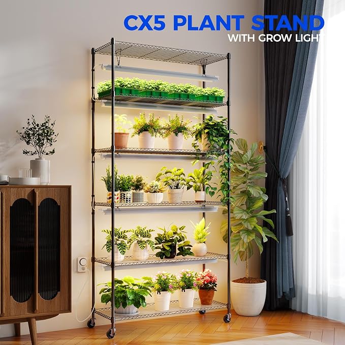 CX6 Plant Stand with Grow Lights, 3FT T8 30W(Per Light) Full Spectrum Yellow LED Plant Lights, Indoor Plant Shelf for Multiple Plants with On/Off Timer Socket, 6-Tier 35.4"x13.8"x70.9"