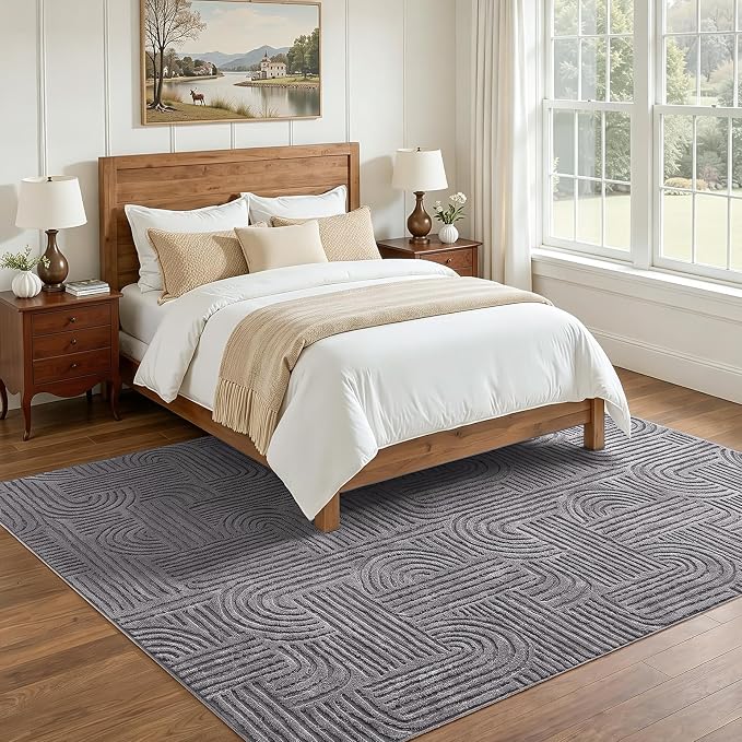 Etwel 5x7 Dark Gray Geometric Textured High-Low Pile Washable Area Rug | Modern Soft Carpet, Non-Slip PVC Backing, Low Profile, Kid and Pet Friendly, for Living Room, Bedroom, Dining Room, Nursery