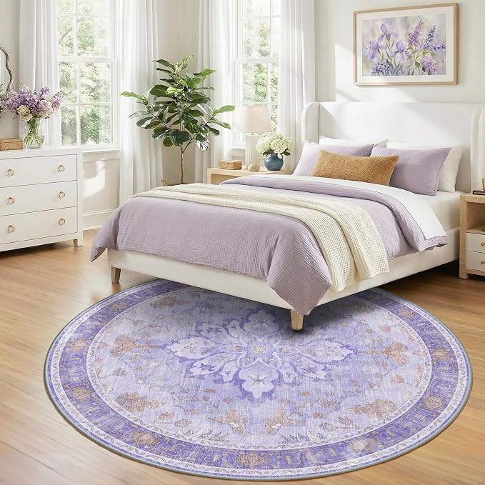 RELEANY Washable Area Rug, Round 8ft, Purple | Non-Slip, Water Repellent, Pet Friendly, Easy to Clean, Vintage Floral Boho Decor for Living Room Bedroom Dining Room