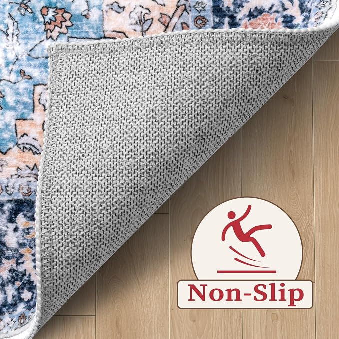 SERISSA 4ft Washable Non Slip Round Boho Area Rug for Bedroom，Blue Orange | Ultra Soft Vintage Oriental Carpet Low-Pile Tribal Circular Indoor Mat for Entryway Kids Room College Dorm Living Room