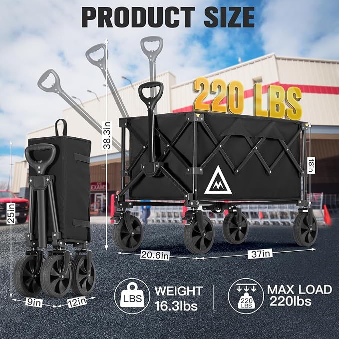 Wagon Cart Shopping Cart Large Capacity Collapsible Wagon with Wheels On Beach Garden Outdoor Utility Carts for Grocery All Terrain Portable Wagons Carts for Groceries Sand Camping Sports Black