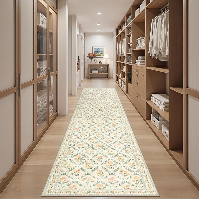 PLHXFR 3x10 Washable Runner Rug：Floral Indoor Kitchen Carpet Beige Multi | For Hallway Bedroom Kitchen Laundry Bathroom Dorm,Vintage Floral,Machine washable,Non Slip,Stain Resistant,Indoor Floor