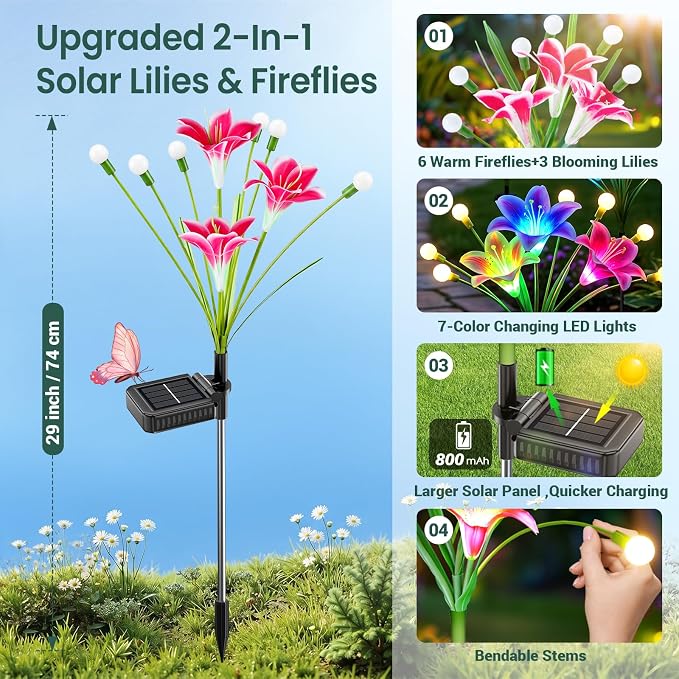 Solar Garden Lights Outdoor Flower Light 8 Pack: 48 Solar Firefly Lights with 24 Head 7-Color Changing Lily, Waterproof Decorative Light for Yard Patio Flower Bed, Gifts for Women