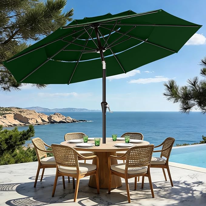 AreShark 9ft 3-Tier Patio Umbrellas, Outdoor Umbrella with 8 Sturdy Ribs UV Protection Windproof, Market Table Umbrella w/Push Button Tilt & Crank for Pool, Porch, Deck, Garden(Dark Green)