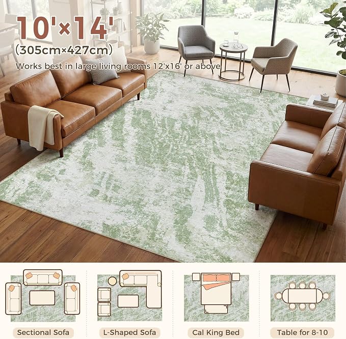 DMOYEST 10x14 Area Rug for Living Room Washable Abstract Indoor Carpet | Neutral Modern Low Pile Rugs Kid & Pet Friendly Large Soft Thin Carpet for Bedroom Dining Room and Office - Light Green