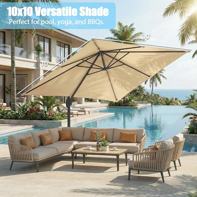 GarveeLife Large Cantilever Patio Umbrella, 10 ft X 10 ft Heavy Duty Aluminum Cantilever Offset Outdoor Umbrella with 360-Degree Rotation for Backyard, Deck, Pool (Beige)