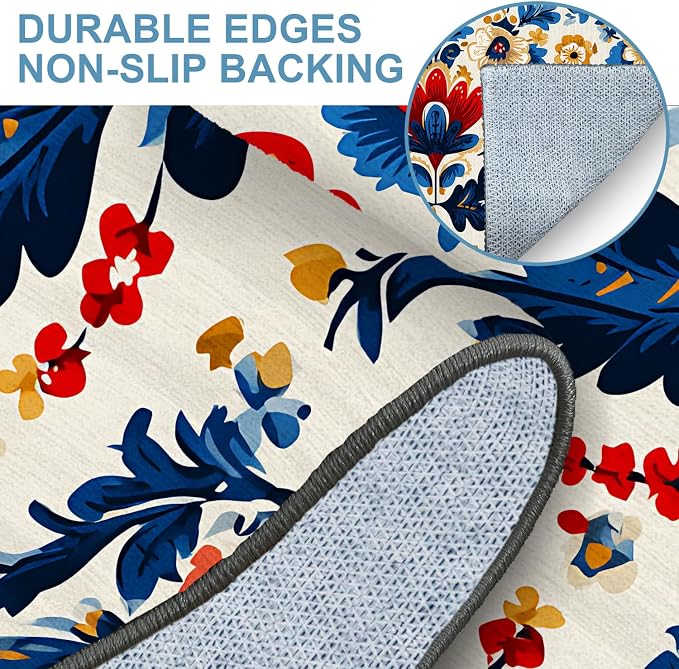Red and Blue Floral 2x3 Entryway Rug,Non-Slip Washable Door Mat for Kitchen,Bathroom Front Door - Rubber Backing Stain Fade Resistant - Traditional Cottage Style Home Decor