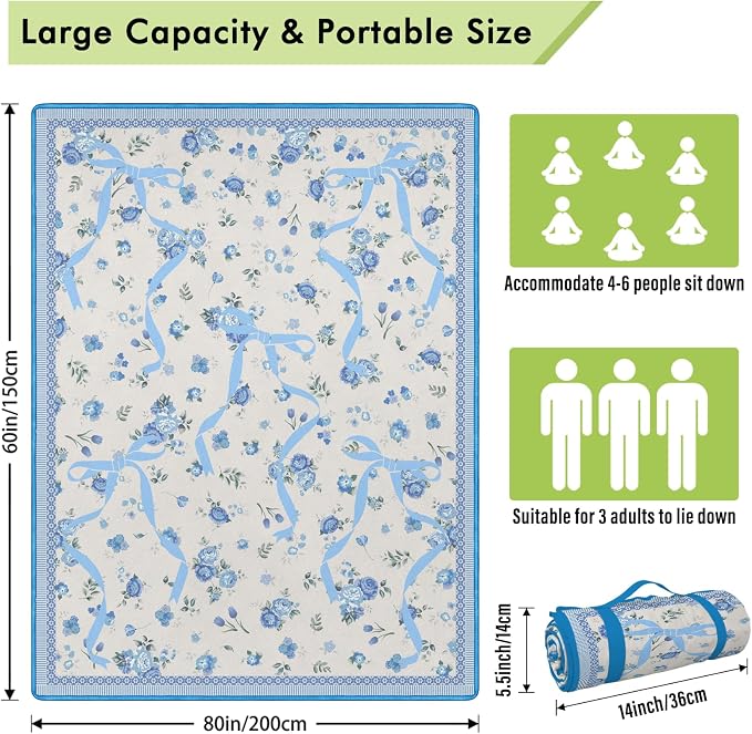 Floral Picnic Blankets Waterproof Foldable, 60″X80″ Packable Picnic Mat Cute Bow Outdoor Blanket for Grass,Large Beach Blanket Sandproof Picnic Accessories for Camping Music Festival Party Park Travel