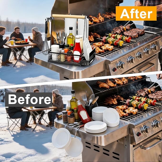 Grill Caddy, BBQ for Outdoor Grill with 2 Paper Towel Holders, Picnic BBQ Condiment Utensil Organizer Caddy for Outdoor Cooking, Rv, Camping Essential, Camper Must Haves,Gifts for Men