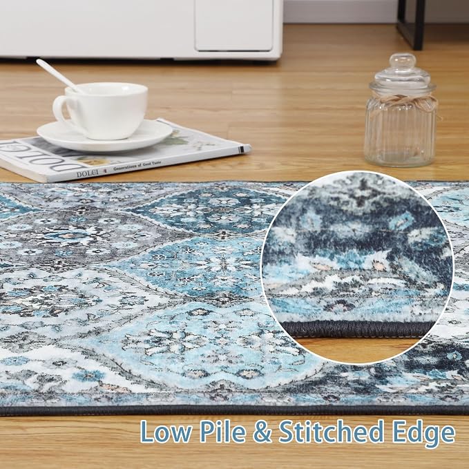 ROYHOME Washable Area Rug Moroccan Trellis Distressed Area Rugs, 3' x 5' | Stain Resistant Non-Slip Floor Carpet Vintage Medallion Accent Rug Farmhouse Floor Cover for Dining Room Bedroom, Blue/Grey