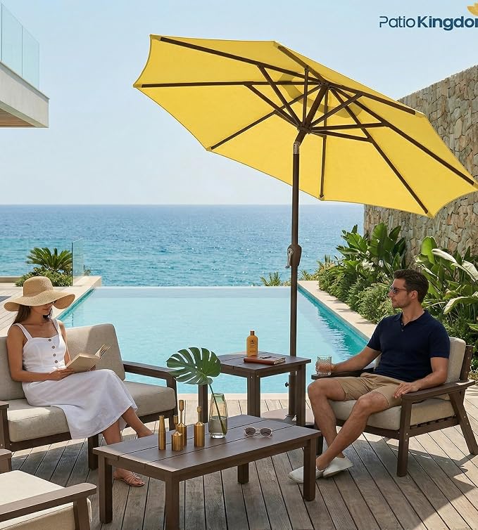 PatioKingdom 10FT Patio Umbrella with Push Button Tilt and Crank, Outdoor Market Umbrella with 8 Fiberglass Ribs, UV Protection Table Umbrella for Pool,Backyard,Garden,Deck