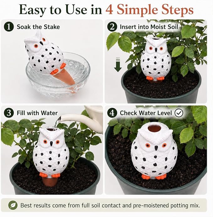 Terracotta Watering Spikes 4 Pack, Cute Self Watering Plant Spikes, Clay Plant Watering Devices, Slow Release Self Watering Planter Insert for Indoor Outdoor Potted Plants (Owl) | Porous terracotta, Top refill design, Decorative owl shape, Easy plant care