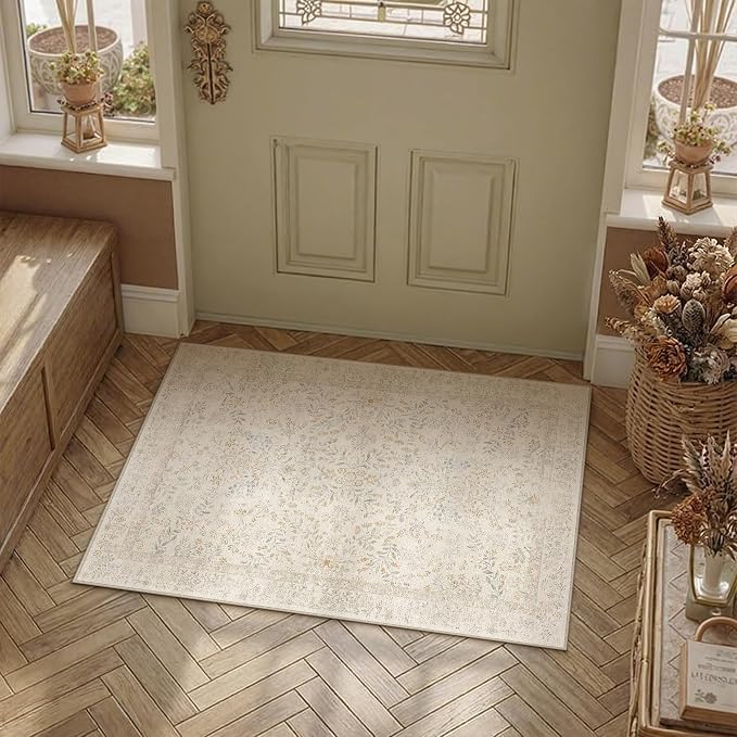 2x3 Beige Floral Small Entryway Rug Vintage Farmhouse Style | Washable, Non Slip, Soft Low Pile, Door Mat for Indoor Entrance, Kitchen, Bathroom, Botanical Decor