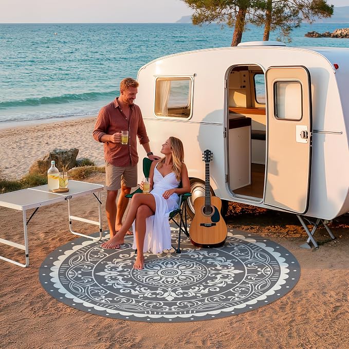 Pauwer Waterproof Outdoor Rug 8ft, Reversible Plastic Straw Patio Camping Rug, Indoor Outdoor RV Mat Carpet for Deck, Camper, Porch, Balcony, Backyard, Picnic, Paisley Grey