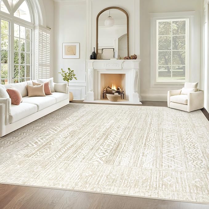 Living Room Rugs 10x14: Washable Moroccan Geometric Boho Rug Farmhouse Non Slip Stain Resistant Large Rug Low Pile Soft Carpet for Bedroom Dining Room Kids Room (Ivory Beige,10'x14')
