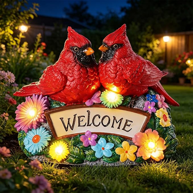 Solar Garden Statues 5.3" Couple Red Cardinal Figurines with Welcome Sign Waterproof Flower Garden Decor LED Lights for Outdoor Yard Patio Lawn Gifts for Mother Grandma Wife Sister Women