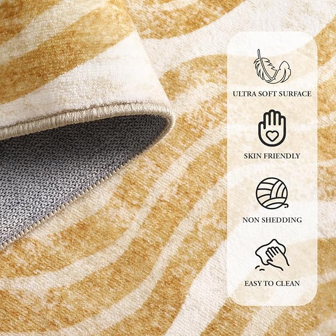 Hedlive Boho Washable Rugs 5x7, Sun Print Soft Nursery Rug for Bedroom Classroom, Ultra-Thin Non Slip Stain Resistant Kids Carpet for Living Room Office(5'x 7',Gold/Multi)