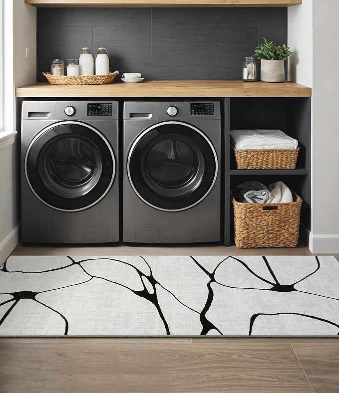2x6 Washable Modern Black White Kitchen Runner Rug | Ultra-Thin Low Pile, Non-Slip TPE Backing, Soft Stain Resistant, Machine Washable, for Bedroom Livingroom High Traffic