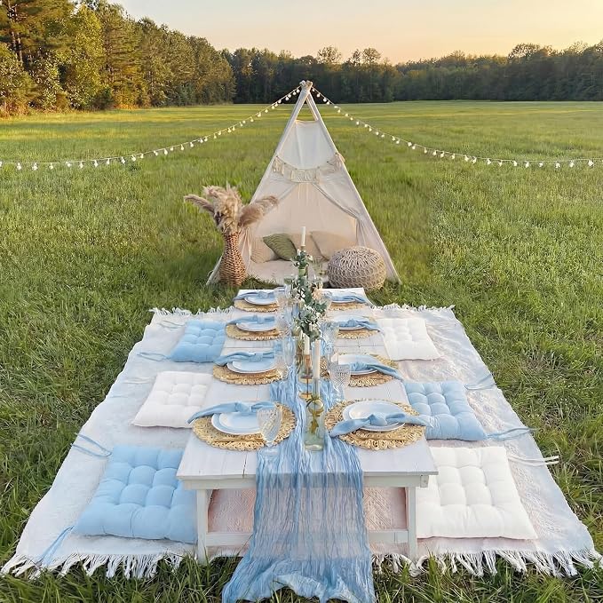 Extra Large Outdoor Picnic Blanket with Table Runner and Floor Pillow Cushion for Picnic Wedding Birthday Baby Shower Backyard Decor(91 x 71'',Light Blue,White,8 Pcs)