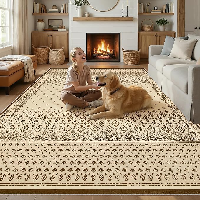 Joydeco 8x10 Area Rug for Living Room, Vintage Washable Rugs for Bedroom | Large Boho Geometric Low Pile Non Slip Ultra Thin Distress Indoor Throw Floor Carpet For Dining Room Home Office Dorm Beige