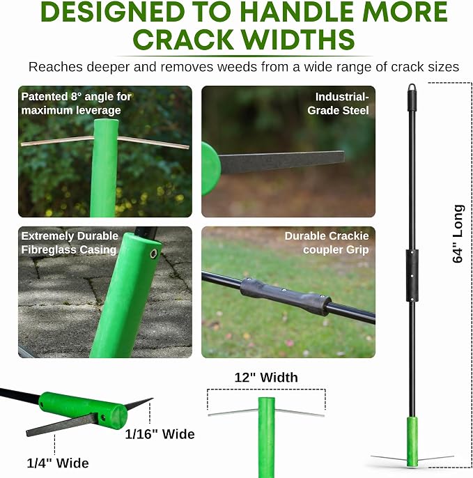 BICRACKIE Stand-Up Crack Weeding Tool with 60" Steel Pole; Steel Blade with 2-Sized, 5" Tapered Ends for Driveways, Patios, Sidewalks, Pavers to Remove Weeds Easily; Made in USA