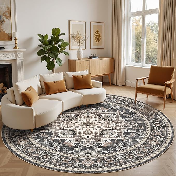 Washable Area Rug-8X8 Vintage Neutral Soft Black | Non Slip Thin Foldable Large Floor Carpet for Living Room Bedroom Kitchen Dining Room Home Office Farmhouse Indoor