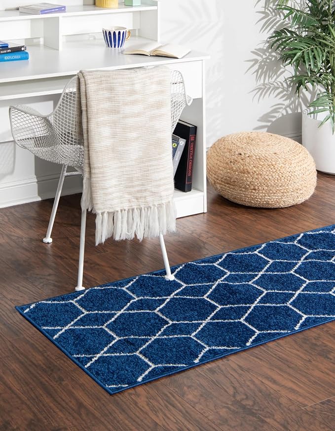 Unique Loom Trellis Frieze Collection Area Rug - Geometric (2' x 10' Runner, Navy Blue/ Ivory)