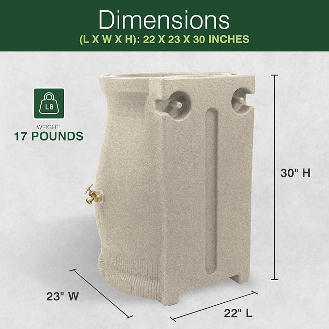 Good Ideas RWURN50-SAN 50 Gallon Rain Saver Wizard Barrel Water Storage Urn with Planter Space and 2 Brass Spigots, Sandstone