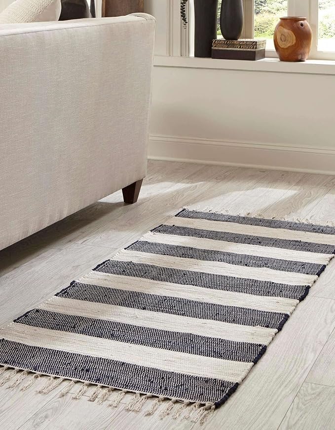Unique Loom Chindi Rag Collection Area Rug - Striped (2' x 4' 1" Runner, Navy Blue/ Ivory)