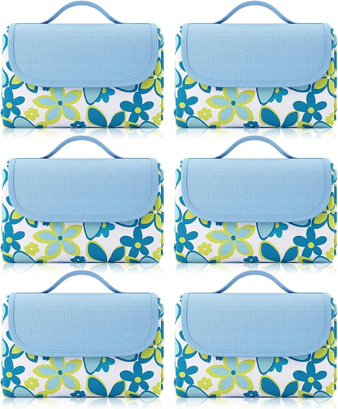 Shellwei 6 Pcs Beach Blankets Waterproof Sandproof Extra Large 80 x 60 Inch Outdoor Picnic Blankets Foldable Portable Beach Mat Tote Travel Supplies for Camping Park Grass (Blue Lily)